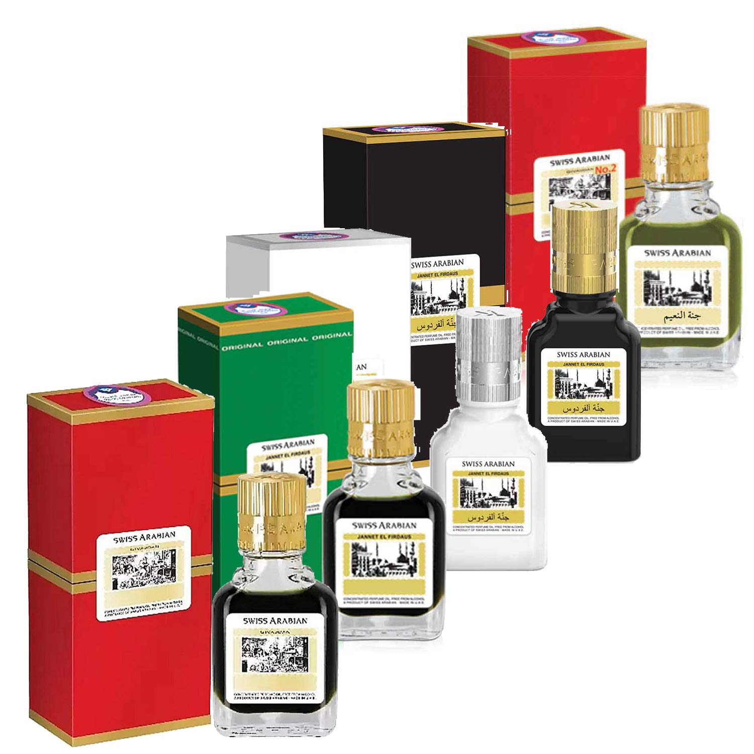 Swiss Arabian Jannat ul Firdaus 9ml Attar Black, Red, Green & White Pack of 4 - Just Attar